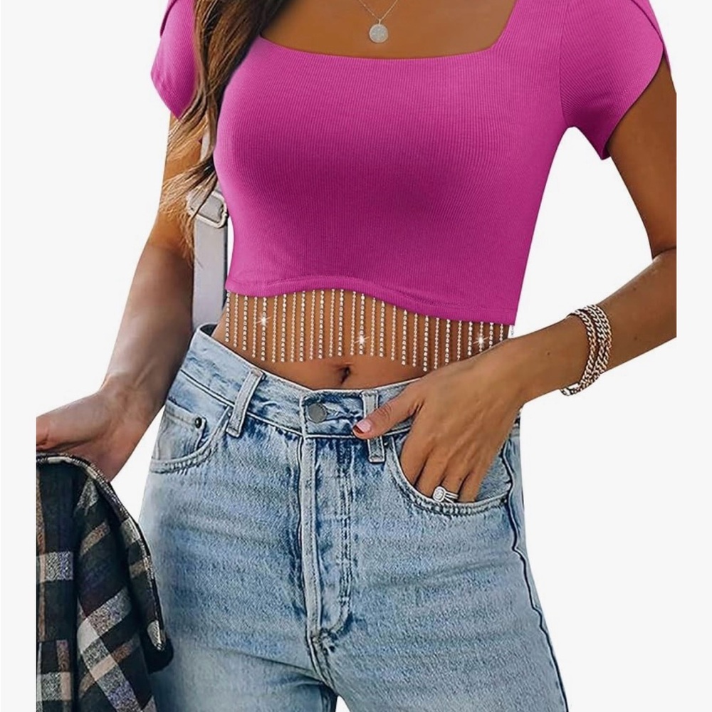 Women's Pink Crop Top with Rhinestone Fringe